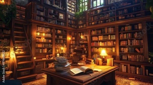Fototapeta Cozy Library Escape: Towering Bookshelves, Warm Lights & Open Book