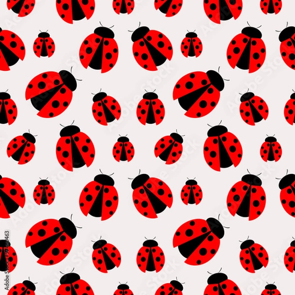 Fototapeta Seamless vector pattern with insects, chaotic background with bright close-up ladybugs, over light  backdrop