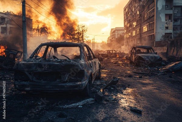 Fototapeta A destroyed car burning in a desolate, graffiti-covered urban street, surrounded by rubble and smoke after a violent riot.
