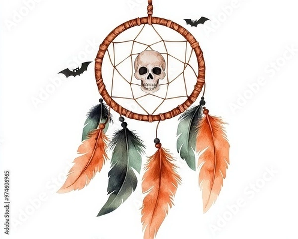 Fototapeta A unique dreamcatcher featuring a skull and vibrant feathers, perfect for Halloween or gothic decor.