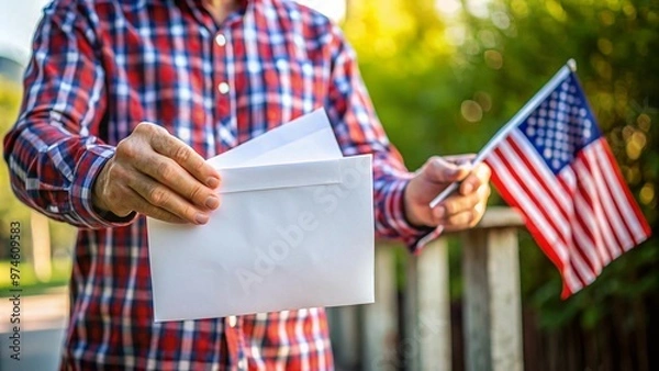 Obraz Man Holding Envelope and American Flag During Voting Process