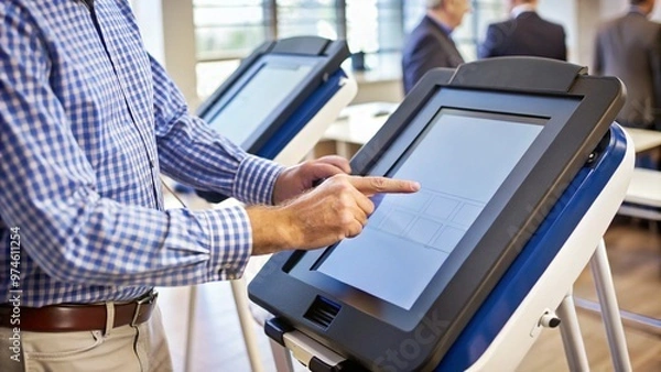 Obraz Voter Using Touchscreen Voting Machine at Polling Station