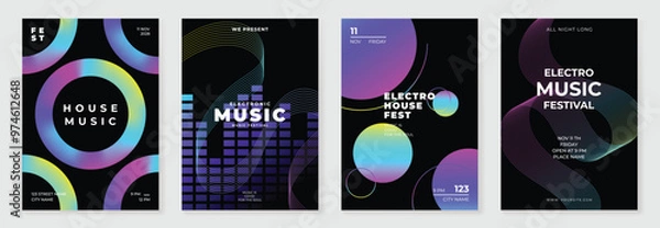 Obraz Music poster design background vector set. Electro Sound Cover template with vibrant abstract gradient line wave, geometric shape. Ideal design for social media, flyer, party, music festival, club.