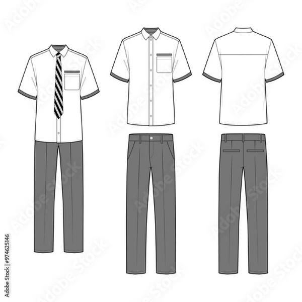 Obraz Technical flat sketch of a men's school uniform design template. Short-sleeve collar shirt and straight-fit pants set mock-up. Button-down classic shirt with striped necktie.