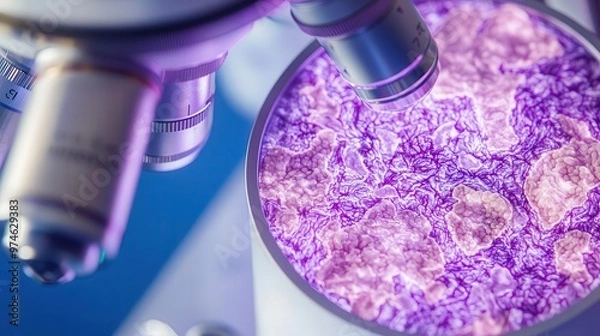 Fototapeta A closeup of rash covered skin under a microscope, the immune systems reaction shown in vivid detail, capturing the intense, chaotic battle within