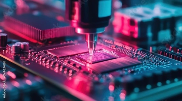 Fototapeta Close-up of a robotic arm performing precision soldering on a circuit board under neon lighting, representing advanced electronics manufacturing.
