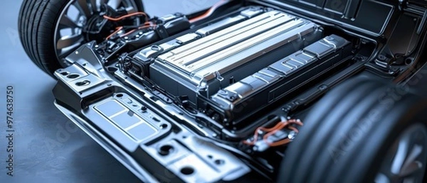 Fototapeta A 3D rendering of an electric car s chassis with focus on the battery's protective casing