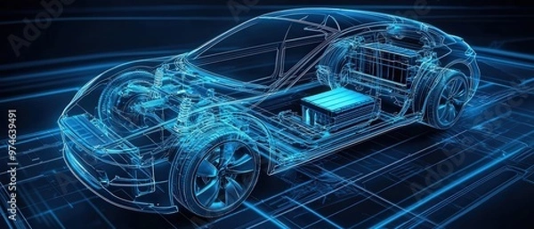Fototapeta A technical blueprint of an electric vehicle, highlighting the safety features of the lithium battery