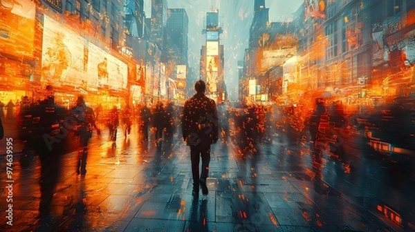 Obraz Nighttime city street with pedestrians walking by, their figures blurred in motion. The 3D photography highlights the fast pace of urban life