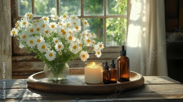 Fototapeta A serene arrangement of daisies, candles, and essential oils on a wooden table.