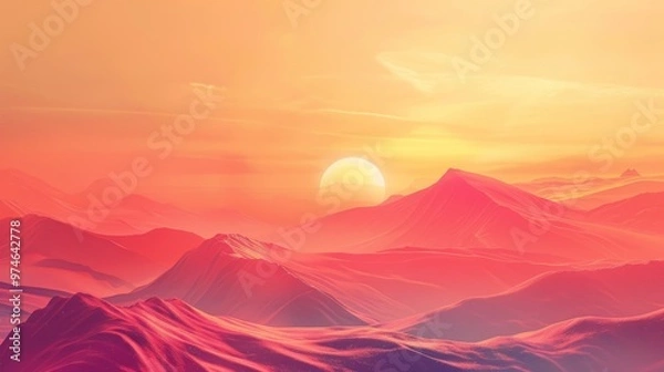 Fototapeta Minimalist Background: Dramatic Sunset Over a Beach Horizon with Soft Blue and Red Gradients
