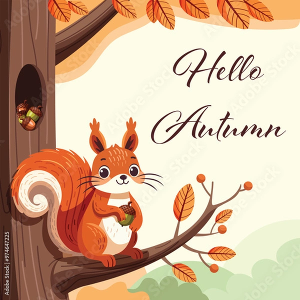 Fototapeta Cute squirrel with an acorn on an autumn tree branch. Hello Autumn season. Template for cards, posters, banners, prints and holiday designs. Vector illustration in cartoon flat style.