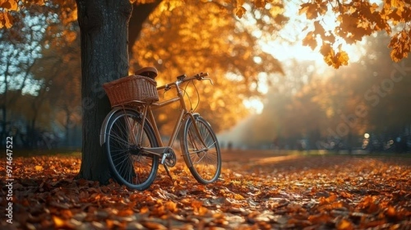 Fototapeta A vintage bicycle rests against a tree surrounded by autumn leaves in a serene park setting.