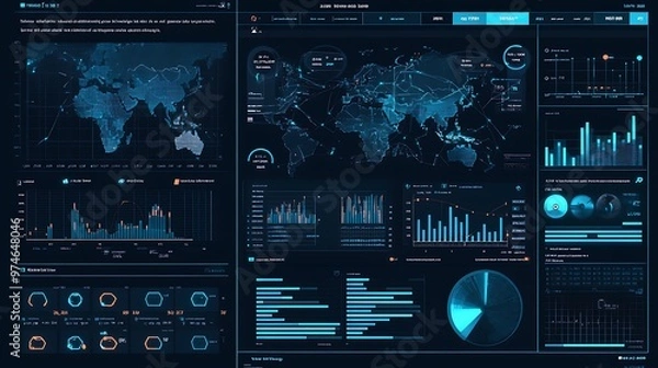 Fototapeta Futuristic Interface with World Map and Data Visualizations.