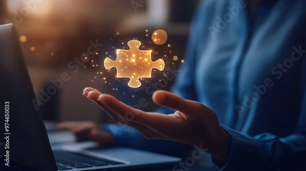 Fototapeta Businessman use laptop with jigsaw icon for solution and leadership strategies concept,Digital solution, collaboration,partners,merge,matching concept, use technology run fast jigsaw organization,Ai