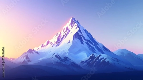 Fototapeta  An animated mountain peak with snow on the top, set against a gradient sky in shades of blue and purple