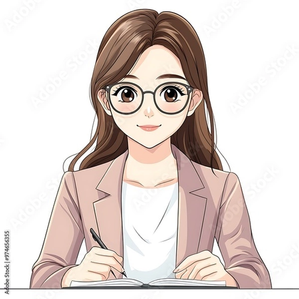 Fototapeta Anime Girl Student Writing in a Notebook.