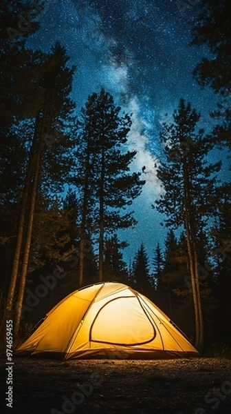 Fototapeta Serene Camping Scene Under a Starry Night Sky with a Glowing Tent