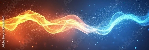 Fototapeta Dynamic wave of orange and blue light creates a striking visual effect, perfect for backgrounds and abstract designs.