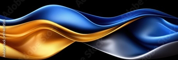 Fototapeta Elegant fabric waves in blue and gold create a stunning visual effect against a dark backdrop, symbolizing beauty and fluidity.