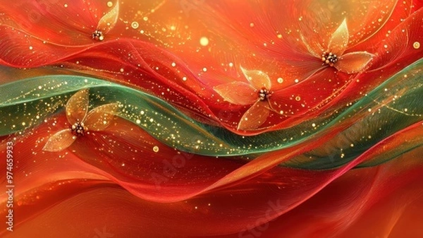 Fototapeta Vibrant abstract background featuring flowing red fabric and delicate butterflies, evoking a sense of warmth and creativity.