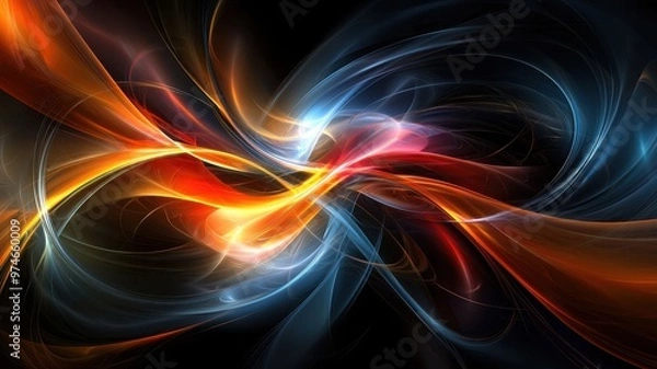 Fototapeta Vibrant abstract swirl of colors in red, blue, and orange, creating a mesmerizing visual experience against a black background.