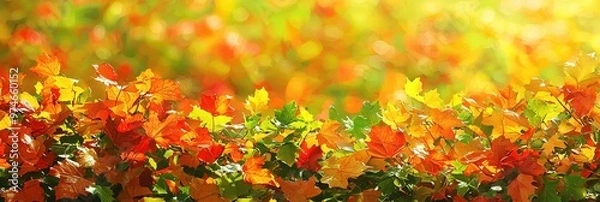 Fototapeta Vibrant autumn leaves in hues of orange and gold, illuminated by soft sunlight, creating a serene seasonal landscape.