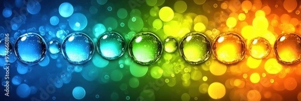 Fototapeta Vibrant colorful bubbles create a mesmerizing visual effect, blending shades of blue, green, and orange with a dreamy bokeh background.