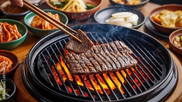 Obraz Korean BBQ beef grilling on a tabletop grill