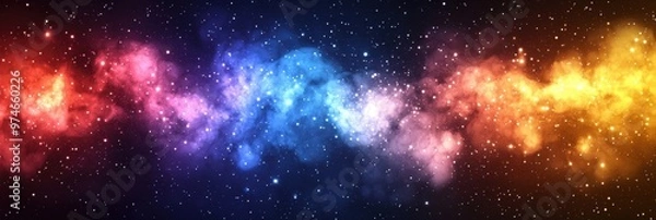 Fototapeta Vibrant cosmic scene featuring a colorful nebula with bursts of stars in deep space, perfect for sci-fi and fantasy themes.