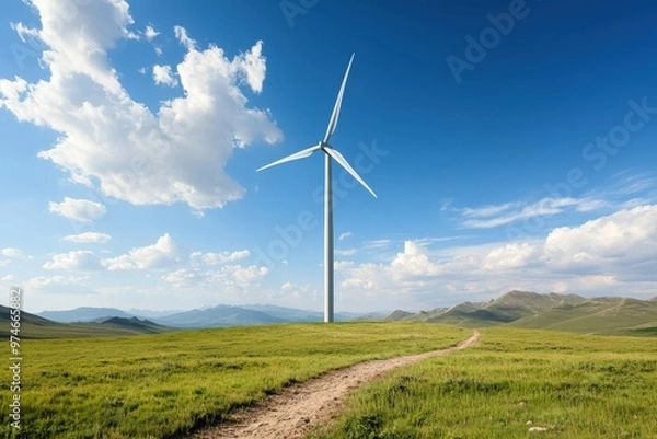 Fototapeta Harnessing Nature's Power: A Majestic Wind Farm Beneath Expansive Blue Skies in Serenity