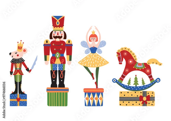 Fototapeta Nutcracker,  princess, rocking horse and  mouse king. Сute set of characters from the ballet The Nutcracker. Christmas illustration on a transparent background.