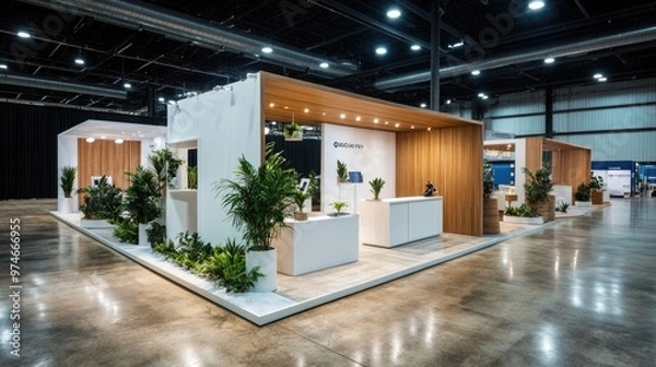 Fototapeta Booths – Sleek Photo of Minimalistic Trade Show Booths with Different Brand Colors and Simple Decorations
