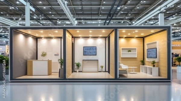Fototapeta Booths – Sleek Photo of Minimalistic Trade Show Booths with Different Brand Colors and Simple Decorations
