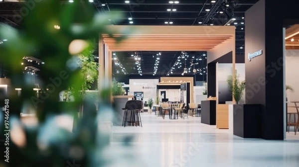 Fototapeta Booths – Sleek Photo of Minimalistic Trade Show Booths with Different Brand Colors and Simple Decorations
