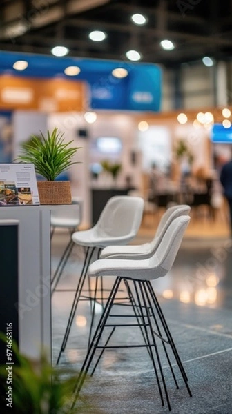 Fototapeta Booths – Sleek Photo of Minimalistic Trade Show Booths with Different Brand Colors and Simple Decorations
