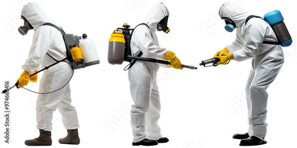 Fototapeta Close Up To a Set of Faceless pest control workers PNG in a protective suit isolated on white and transparent background - Pest removal Worker with Safety equipment Extermination uniform