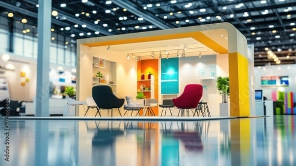 Fototapeta Booths – Sleek Photo of Minimalistic Trade Show Booths with Different Brand Colors and Simple Decorations
