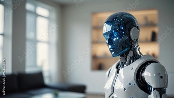 Fototapeta A sleek humanoid robot designed for home assistance is shown in a futuristic home