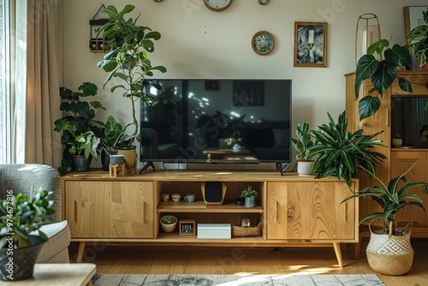 Fototapeta White oak wooden TV stand with two doors, holding an LED TV, surrounded by plants, books, and decor in a minimalist living room.