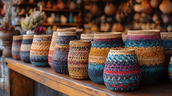 Fototapeta Turkish pottery bazaar in Istanbul: colorful ceramic plates and bowls with traditional patterns, handmade and grand, perfect for souvenirs and home decoration
