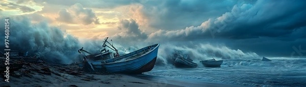 Obraz Abandoned Fishing Boats Bracing for Approaching Tsunami Wave on Coastal Shore
