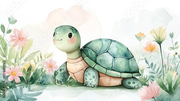 Fototapeta Charming Cute Turtle in a Soft Romantic and Dreamy Atmosphere, Perfect for Children's Art and Illustrations. Featuring Pastoral Charm with Soft Brush Strokes in Scandinavian Style, Pastel Colors, and 