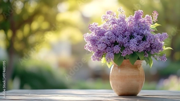 Fototapeta Front view of lilac flowers bouquet in ceramic vase on wooden garden table against blurred outdoor terrace in sunny day : Generative AI