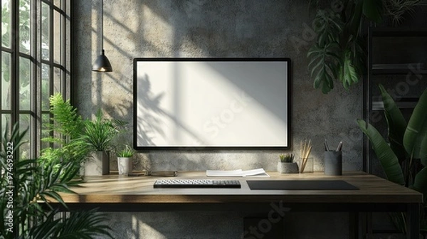 Fototapeta A modern workspace featuring a blank screen, plants, and a wooden desk.