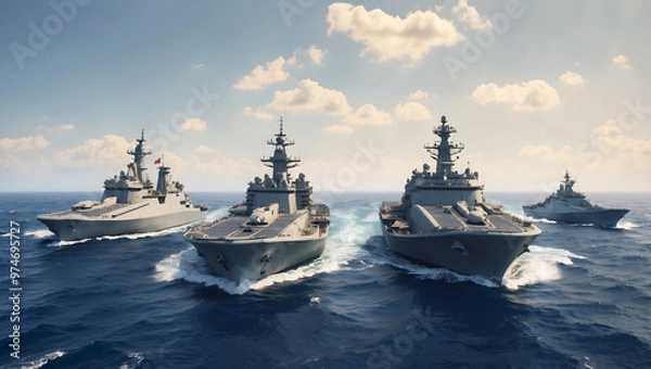 Fototapeta Three Military Ships in the Sea Generation
