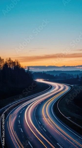 Fototapeta A Serene Highway at Dawn: Streaks of Light Paint the Asphalt Canvas as the First Rays of Sun Gild the Sky.