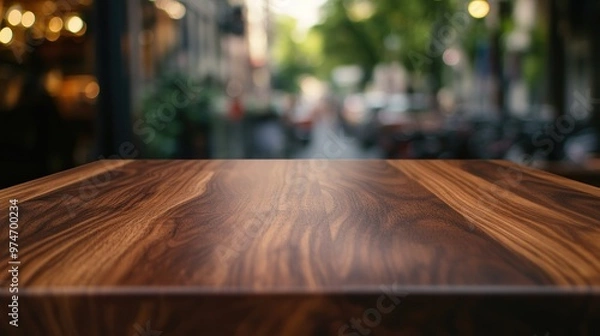 Fototapeta A close-up view of a polished wooden table with a blurred street scene in the background.