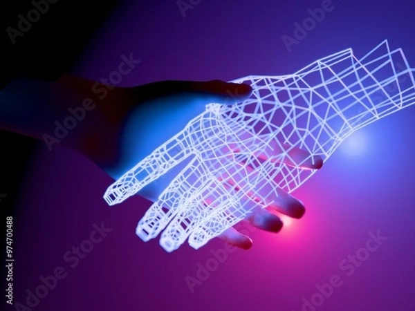 Fototapeta Shaking hands with artificial intelligence entity. Digital 3D render.