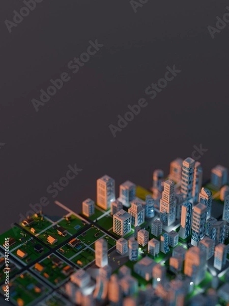 Obraz Modern, clean city in the evening. Digital 3D render.